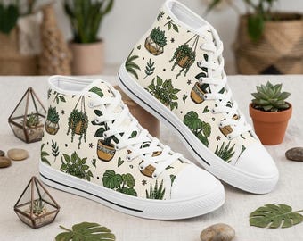 Potted Houseplants Pattern High Top Sneakers | Botanical Plant Print Shoes