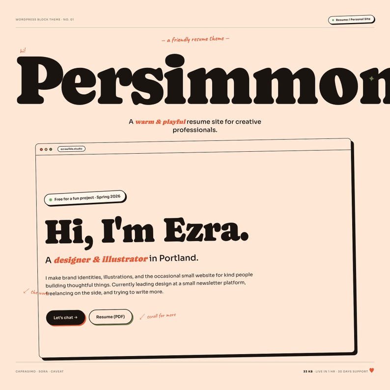 May include: A website design with the word "Persimmon" in large, bold letters. The design includes the text "Hi, I'm Ezra," and "A designer & illustrator in Portland." The design is on a light peach background.