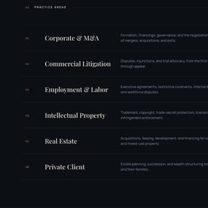 May include: A dark-themed website interface for Aegis Attorneys at Law featuring a navigation sidebar with links to Practice, The Firm, Attorneys, and Results. The main area lists practice areas: Corporate & M&A, Commercial Litigation, Employment & Labor, Intellectual Property, Real Estate, and Private Client, each with a brief description and a right-pointing arrow.