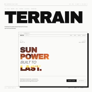 Op de afbeelding: Website-ontwerp met het woord "TERRAIN" in grote zwarte letters. Het ontwerp bevat de tekst "SUN POWER BUILT TO LAST" met een zonsondergangafbeelding verwerkt in de letters. De website is voor thuiszorgbedrijven.