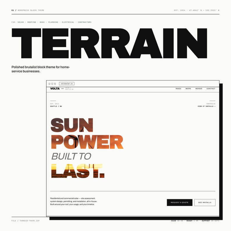 Op de afbeelding: Website-ontwerp met het woord "TERRAIN" in grote zwarte letters. Het ontwerp bevat de tekst "SUN POWER BUILT TO LAST" met een zonsondergangafbeelding verwerkt in de letters. De website is voor thuiszorgbedrijven.