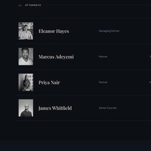 May include: A dark-themed website interface for Aegis Attorneys at Law featuring a navigation sidebar with Practice, The Firm, Attorneys, and Results. The main content displays a list of four attorneys with their names, titles, and practice areas.