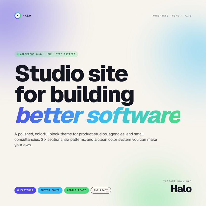 May include: A digital graphic with a gradient background of blue, green, and purple. The text reads "Studio site for building better software." Additional text describes the theme for product studios and agencies.