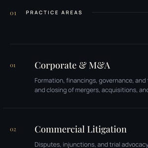 May include: A dark interface displaying the Aegis practice areas list. The text includes 01 Practice Areas, 01 Corporate & M&A, 02 Commercial Litigation, and 03 Employment & Labor, with brief descriptions of legal services provided in white text on a black background.
