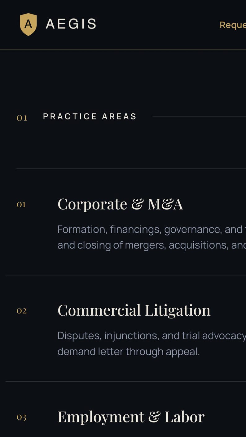May include: A dark interface displaying the Aegis practice areas list. The text includes 01 Practice Areas, 01 Corporate & M&A, 02 Commercial Litigation, and 03 Employment & Labor, with brief descriptions of legal services provided in white text on a black background.