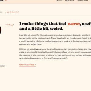 May include: A website design with a peach background and black text. The text reads "I make things that feel warm, useful, and a little bit weird." A circular logo with "EW" is in the upper left.
