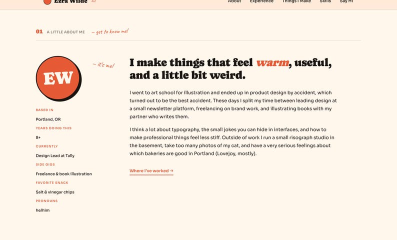 May include: A website design with a peach background and black text. The text reads "I make things that feel warm, useful, and a little bit weird." A circular logo with "EW" is in the upper left.