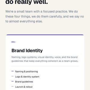May include: A website page from Halo Product Studio, with the heading "Four things we do really well." The page details services such as Brand Identity and Product Design. The design is clean with a light background and dark text.