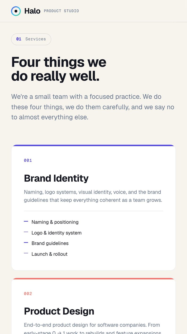 May include: A website page from Halo Product Studio, with the heading "Four things we do really well." The page details services such as Brand Identity and Product Design. The design is clean with a light background and dark text.