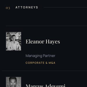 May include: A webpage interface for Aegis featuring a section titled 03 Attorneys. It lists Eleanor Hayes as Managing Partner in Corporate & M&A, and Marcus Adeyemi as Partner in Commercial Litigation, each accompanied by a small black and white portrait.
