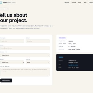 May include: A website interface with a light beige background. The page features a form to submit project details, including name, email, and project type. Additional sections display engagement details and contact information for a studio.