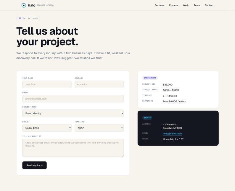 May include: A website interface with a light beige background. The page features a form to submit project details, including name, email, and project type. Additional sections display engagement details and contact information for a studio.