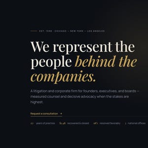 May include: A dark-themed website interface for Aegis Attorneys at Law. The page features white and gold text reading "We represent the people behind the companies." Navigation links include Practice, The Firm, Attorneys, and Results, with contact details.