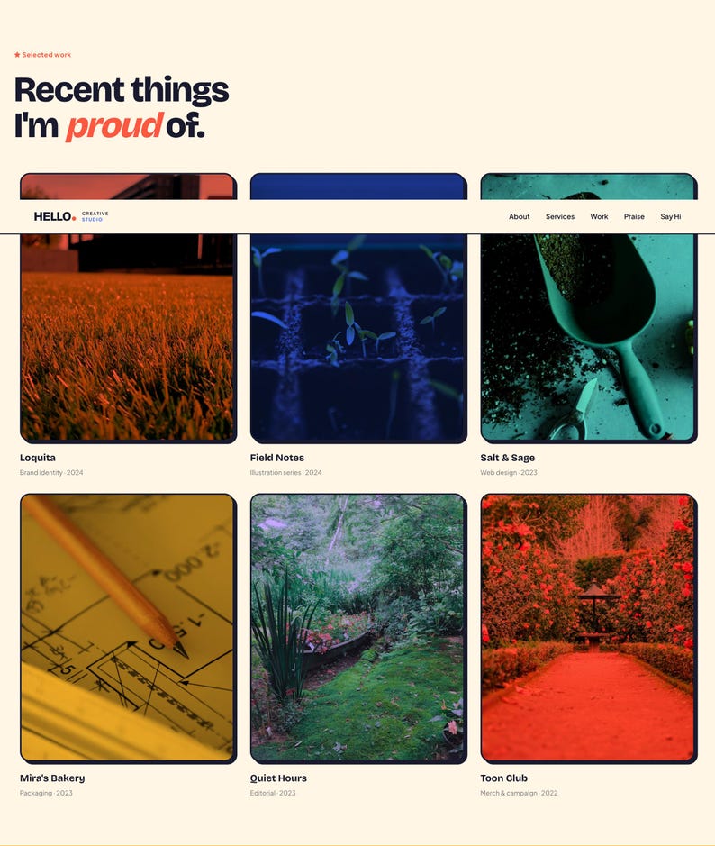 Może przedstawiać: Strona internetowa prezentująca najnowsze projekty kreatywne. Nagł&oacute;wek brzmi "Recent things I'm proud of." Wyr&oacute;żnione projekty to "Loquita," "Field Notes," "Salt & Sage," "Mira's Bakery," "Quiet Hours" i "Toon Club." Nawigacja zawiera "About," "Services," "Work," "Praise" i "Say Hi."