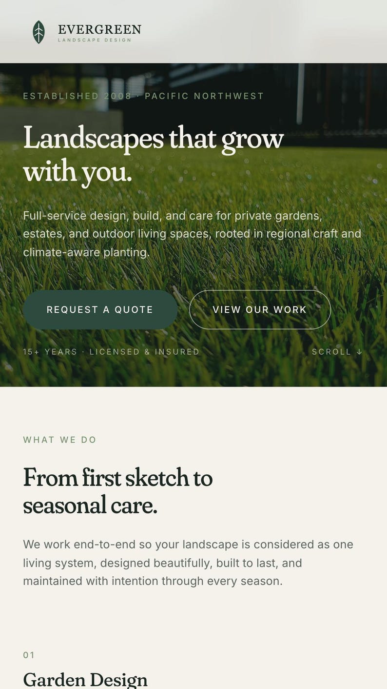 Pode incluir: Banner do site para Evergreen Landscape Design. O banner apresenta o texto "Landscapes that grow with you" e oferece design, constru&ccedil;&atilde;o e cuidados completos para jardins e espa&ccedil;os ao ar livre. Inclui um bot&atilde;o "Solicitar um or&ccedil;amento".