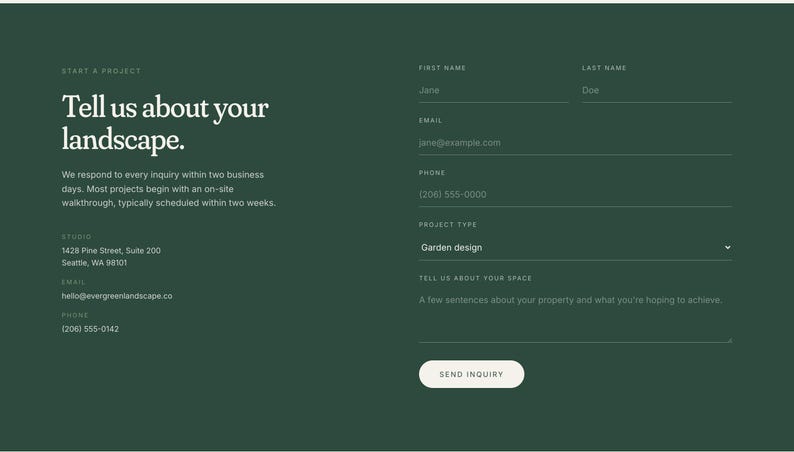 Pode incluir: Uma p&aacute;gina web verde escuro com texto branco e campos de entrada. O texto diz "Conte-nos sobre a sua paisagem." e inclui informa&ccedil;&otilde;es de contato. Os campos de entrada s&atilde;o rotulados como "Primeiro nome", "Sobrenome", "E-mail", "Telefone" e "Tipo de projeto".