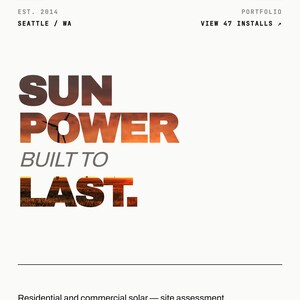 Op de afbeelding: Een webpagina-ontwerp voor Volta, een zonne-energiebedrijf. De tekst "SUN POWER BUILT TO LAST" staat prominent weergegeven. De naam en locatie van het bedrijf staan bovenaan, met opties om een offerte aan te vragen of installaties te bekijken.