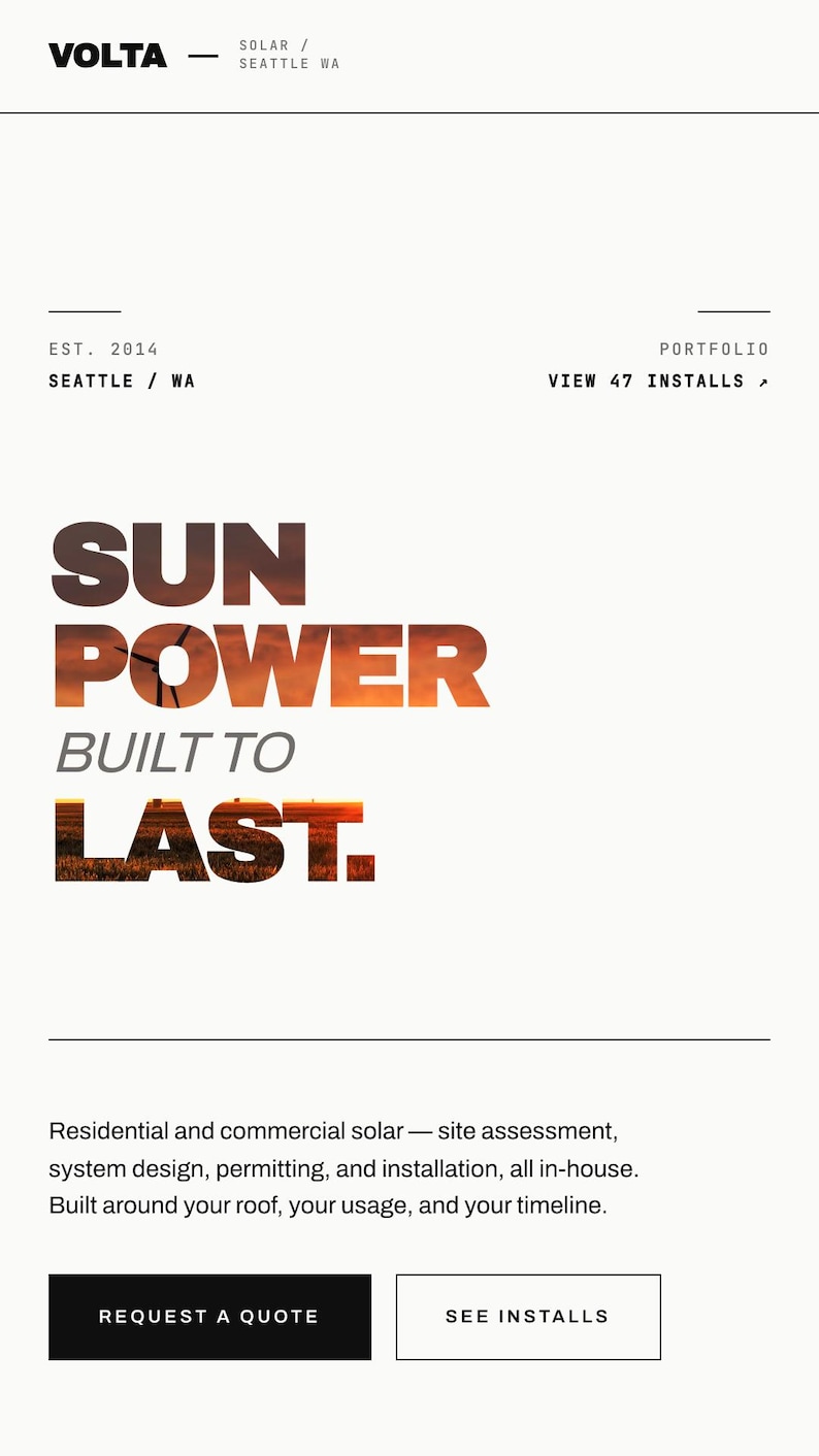 Op de afbeelding: Een webpagina-ontwerp voor Volta, een zonne-energiebedrijf. De tekst "SUN POWER BUILT TO LAST" staat prominent weergegeven. De naam en locatie van het bedrijf staan bovenaan, met opties om een offerte aan te vragen of installaties te bekijken.