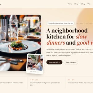 May include: A website landing page for Saffron restaurant featuring a large photograph of a plated meal, a smaller polaroid-style image of wine glasses, and text stating A neighborhood kitchen for slow dinners and good wine.