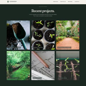 Pode incluir: Um site que mostra projetos de paisagismo recentes. A p&aacute;gina apresenta um fundo verde escuro com uma grade de imagens. As imagens incluem um jardim com uma p&aacute;, plantas em vasos, um caminho de jardim, um jardim, um projeto com um l&aacute;pis e mudas.