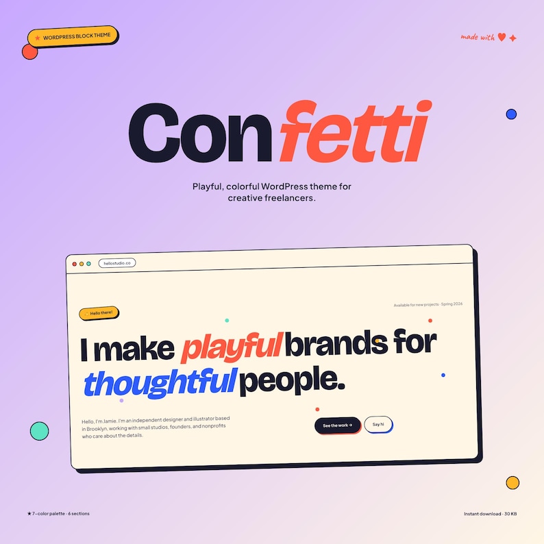 Może przedstawiać: Projekt strony internetowej ze słowem "Confetti" dużymi, pogrubionymi literami. Projekt zawiera tekst "I make playful brands for thoughtful people." i "WordPress Block Theme."