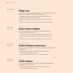 May include: A webpage featuring a resume-style layout with the name "Ezra Wilde" at the top. The page details work experience, including roles as Design Lead, Senior Product Designer, Product Designer & Illustrator, and Junior Designer. The design is clean with a peach and white color scheme.