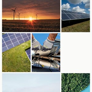 Op de afbeelding: Een collage van afbeeldingen met installaties van hernieuwbare energie. Bevat een zonsondergang boven windturbines, zonnepanelen op een grasveld, een technicus die aan zonnepanelen werkt, zonnepanelen op een dak en een luchtfoto van een bos en een meer. Tekst luidt "RECENT INSTALLS."