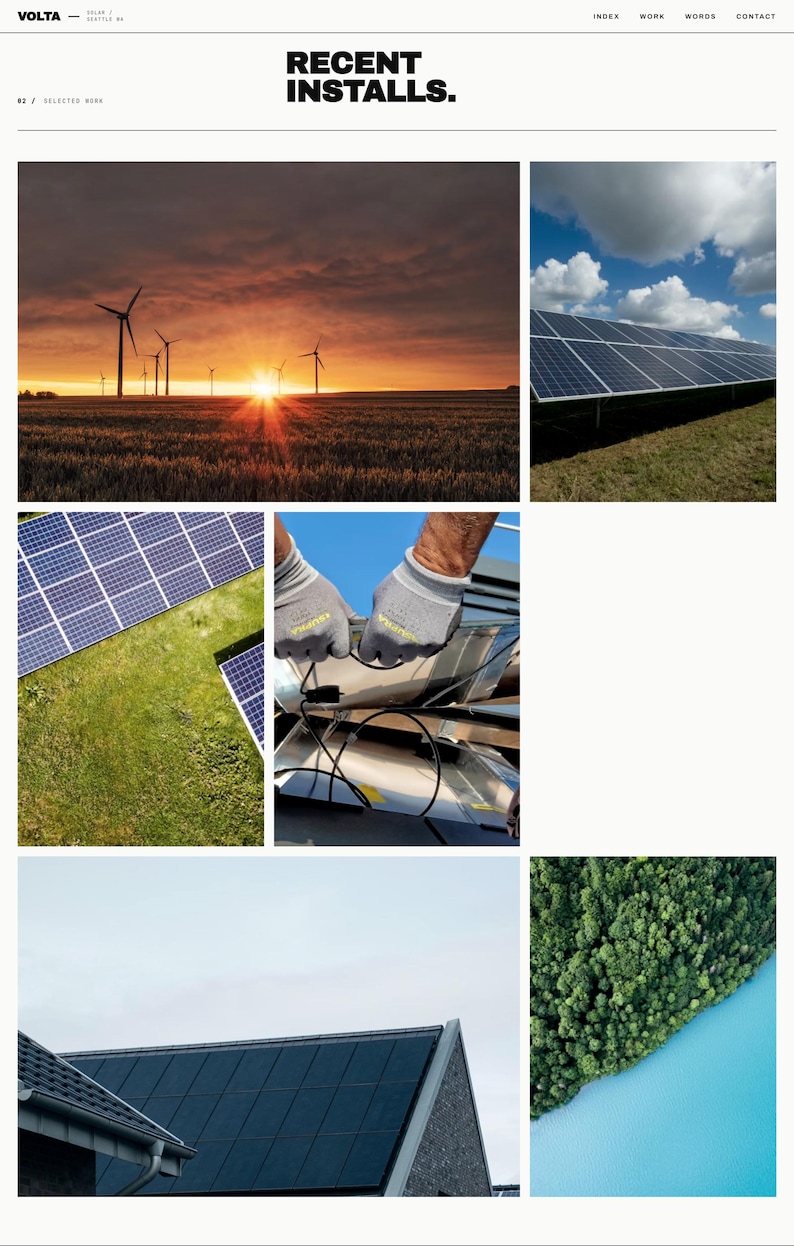 Op de afbeelding: Een collage van afbeeldingen met installaties van hernieuwbare energie. Bevat een zonsondergang boven windturbines, zonnepanelen op een grasveld, een technicus die aan zonnepanelen werkt, zonnepanelen op een dak en een luchtfoto van een bos en een meer. Tekst luidt "RECENT INSTALLS."