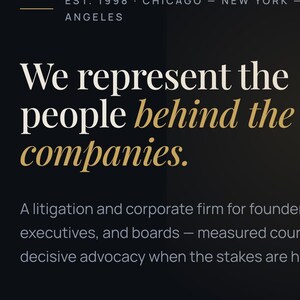 May include: A dark website interface for Aegis, a litigation and corporate firm. The text reads: We represent the people behind the companies. Est. 1998, Chicago, New York, Los Angeles. It includes a Request a consultation link and 25+ years of practice.