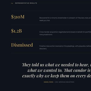 May include: A dark-themed website interface for Aegis Attorneys at Law featuring a navigation menu, representative results including $310M, $1.2B, and Dismissed, and a testimonial quote from Daniel Ross, CEO of Meridian Industries.