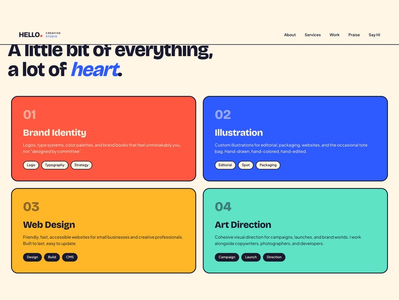 Może przedstawiać: Projekt strony internetowej z kremowym tłem i tekstem "HELLO. CREATIVE STUDIO". Wyświetlany jest tekst "A little bit of everything, a lot of heart". Cztery kolorowe pola prezentują usługi: Brand Identity, Illustration, Web Design i Art Direction.