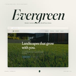 Pode incluir: Design de site web para uma empresa de paisagismo, com a palavra "Evergreen" em uma fonte estilizada. O site exibe um gramado verde com o texto "Landscapes that grow with you". O design inclui um bot&atilde;o de chamada para a&ccedil;&atilde;o.