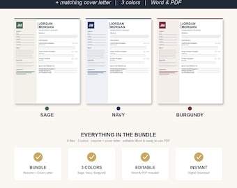 Modern Resume & Cover Letter Template Bundle | Editable Word, PDF (Digital Download)