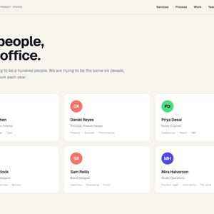 May include: A website screenshot featuring the text "Six people, one office." and details of six team members. Each member's name is within a coloured circle. The website header displays the company logo and navigation links.