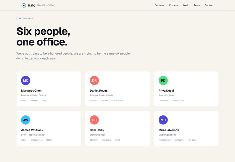 May include: A website screenshot featuring the text "Six people, one office." and details of six team members. Each member's name is within a coloured circle. The website header displays the company logo and navigation links.