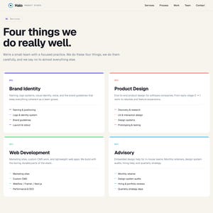 May include: A website screenshot displaying the text "Four things we do really well." The image showcases four service categories: Brand Identity, Product Design, Web Development, and Advisory. Each category is outlined in a different colour.