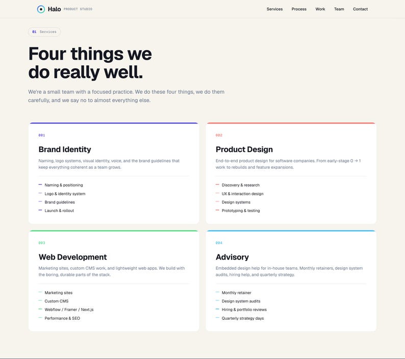 May include: A website screenshot displaying the text "Four things we do really well." The image showcases four service categories: Brand Identity, Product Design, Web Development, and Advisory. Each category is outlined in a different colour.