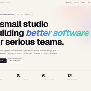 May include: Screenshot of the Halo Product Studio website. The main text states, "A small studio building better software for serious teams." The site features a "Start a project" button and displays statistics: 47 projects shipped, 8 years in business, 6 team members, and 12 clients this year.
