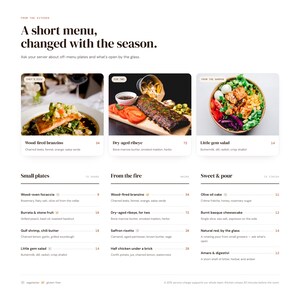 May include: A restaurant menu titled A short menu, changed with the season. It features three food images: wood-fired branzino, dry-aged ribeye, and little gem salad. Below are sections for small plates, from the fire, and sweet & pour with prices.