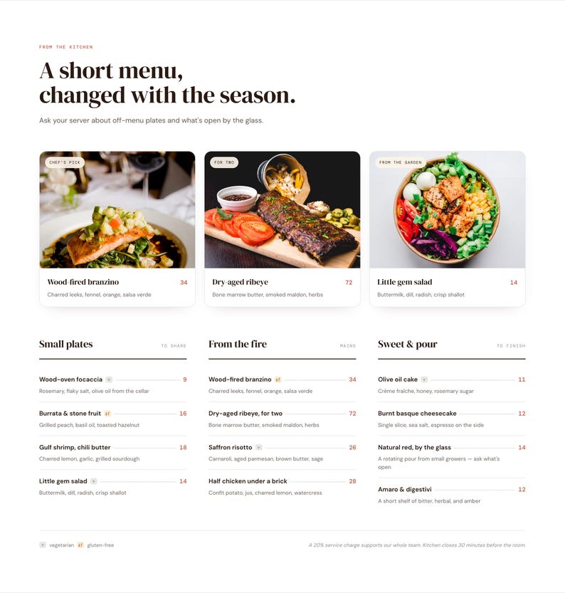 May include: A restaurant menu titled A short menu, changed with the season. It features three food images: wood-fired branzino, dry-aged ribeye, and little gem salad. Below are sections for small plates, from the fire, and sweet & pour with prices.
