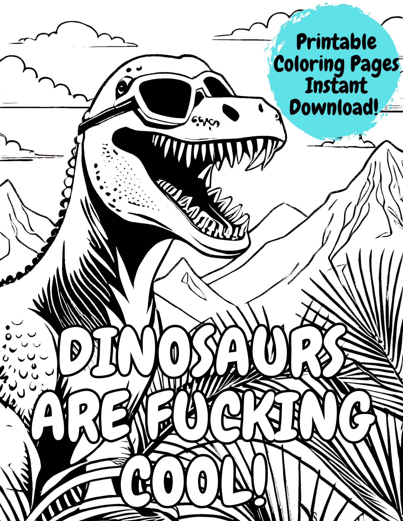 Adult Coloring Book, Printable Coloring Pages, Dinosaur Coloring Book