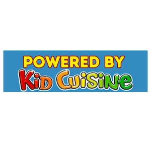May include: A rectangular blue banner with the words "POWERED BY" in yellow, and "Kid Cuisine" in red, orange, and green, with a white outline. The text is in a playful, cartoon-like font.