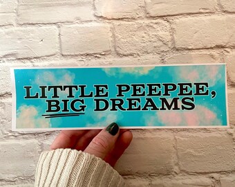 Little Peepee Big Dreams Bumper Sticker or Magnet, Funny Meme Car Decal, Waterproof Vinyl Gag Gift for Unhinged Humor Fans