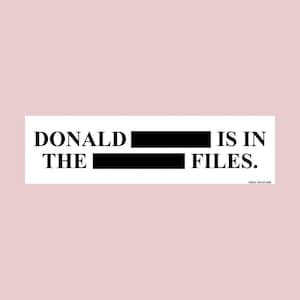 Może przedstawiać: Prostokątna biała naklejka z czarnym tekstem na jasnoróżowym tle. Tekst brzmi "DONALD [ocenzurowano] JEST W PLIKACH." i "THE [ocenzurowano]" z czarnymi paskami zasłaniającymi środkowe słowa. Tekst "FROG MUSTARD" znajduje się w prawym dolnym rogu.