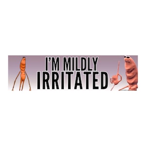 May include: A rectangular sticker with the text "I'M MILDLY IRRITATED" in bold black letters. The sticker features cartoonish, orange and pink figures with long limbs and sunglasses. The background is a gradient of purple and white.