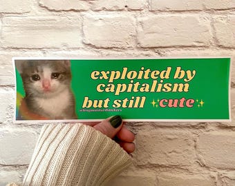 Uitgebuit door kapitalisme, maar nog steeds schattige sticker of magneet, grappige meme-sticker