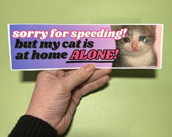 Sorry for speeding but my cat is at home alone! Bumper Sticker OR Magnet | Funny Cat Sticker | Laptop Sticker | Gen Z Meme | 8.5" x 2.5"