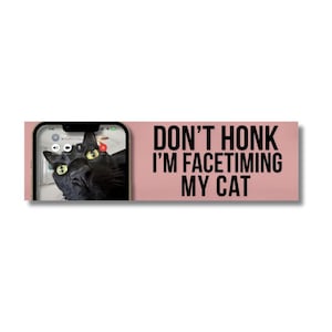 May include: A rectangular pink sign with the text "DON'T HONK I'M FACETIMING MY CAT." To the left is a smartphone screen displaying a black cat. The cat has green eyes and is looking at the camera.