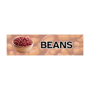 May include: A wooden bowl filled with red beans, set against a blurred background of beans. The word "BEANS" is displayed in bold, black letters.