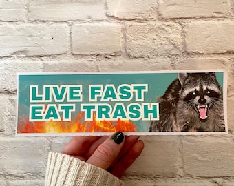 May include: A rectangular sticker with the text "LIVE FAST EAT TRASH" in white and teal. A raccoon with an open mouth is on the right side. Flames are at the bottom. The sticker is held by a person.
